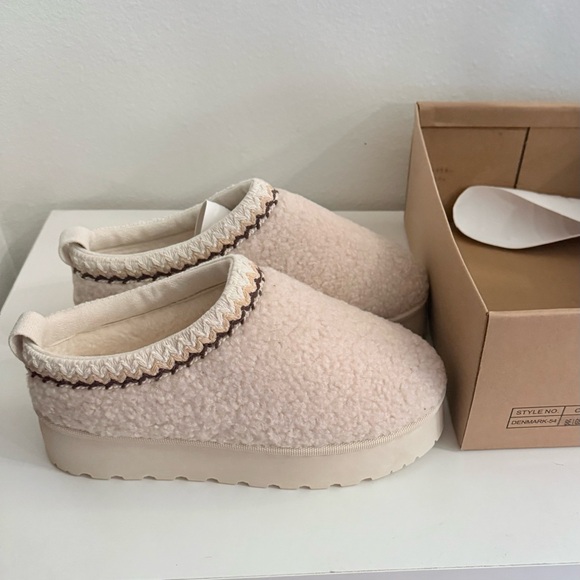 Shoes - Beige Sherpa faux fur clogs with platform